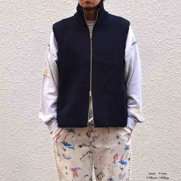 URU /// FRENCH MERINO WOOL ZIP UP KNIT VEST Navy 03