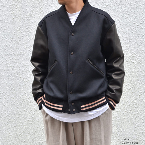 Sasquatchfabrix. /// WA-NECK STADIUM JACKET Black × Pink Rib 03